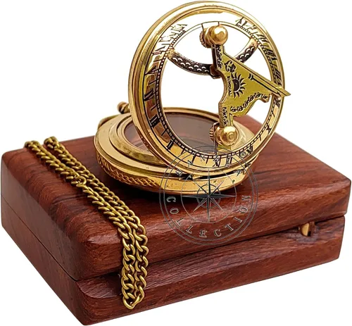 Vista 7 de Reloj de sol hecho a mano con botón de dirección con cadena y caja de madera, reloj de sol de bolsillo de brújula de latón, regalo de bautismo