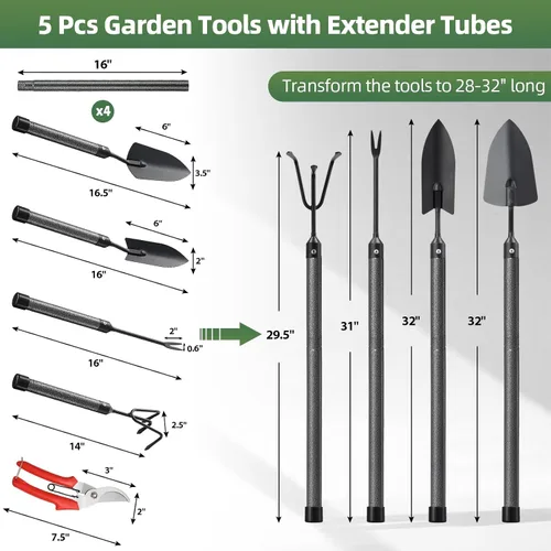 Vista 2 de Juego de herramientas de jardín, 5 piezas de herramientas de jardín con extensiones, herramienta de jardinería de metal resistente a prueba