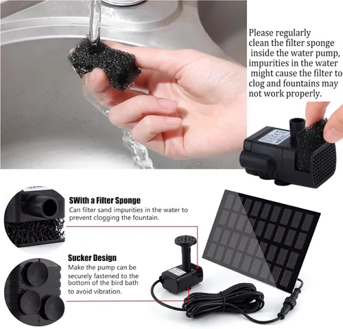 Vista 14 de Kit de bomba de fuente solar con panel solar separado, bomba de agua solar mejorada de 1.8 W con cable de 3 M de largo y 4 boquillas Fuente de agua