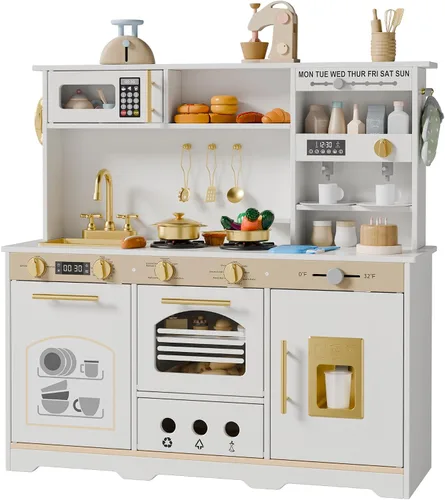 Vista 8 de Juego de cocina para niños, juego de cocina con 21 accesorios divertidos, juego de cocina de juguete con electrodomésticos realistas, almacenamiento