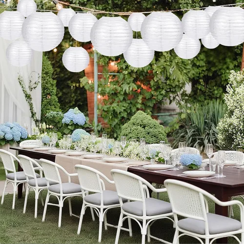 Vista 5 de Faroles de papel blanco redondos chinos para fiestas, decoración del hogar y bodas, varios tamaños de 6 pulgadas, 8 pulgadas, 10 pulgadas, 12