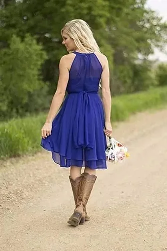 Vista 5 de Vestido de dama de honor para mujer, vestido corto plisado de gasa formal con bolsillos CM072 con bolsillos