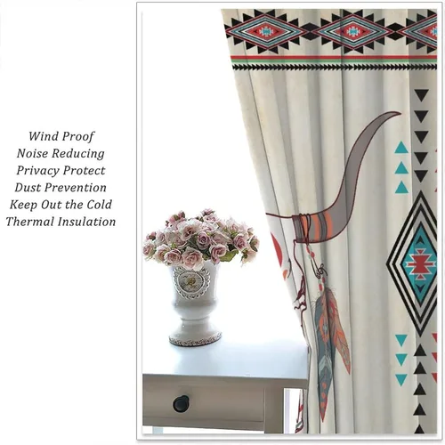 Vista 301 de Cortinas con patrón geométrico tribal, estilo suroeste, azteca, rústico, occidental, nativo americano, opacas, con bolsillo para barra, decoración