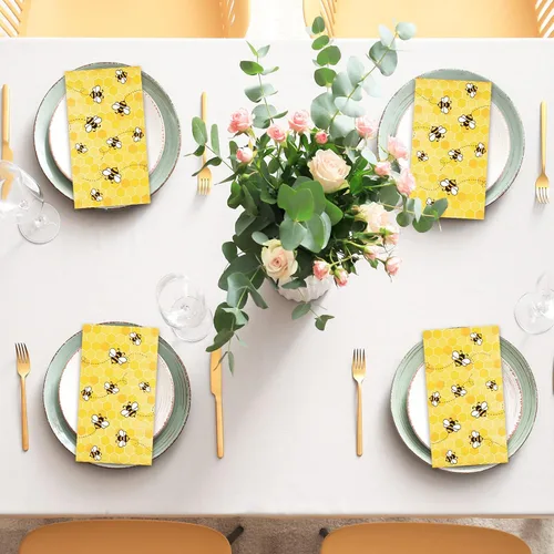 Vista 7 de Whaline Servilletas de 3 capas desechables de abeja para invitados, paquete de papel desechable de panal amarillo, toalla de mano para feliz día