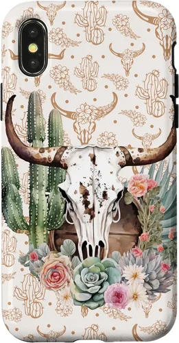 Vista 5 de Western Boho Chic Longhorn Bull Skull Cactus Beige Pattern Case for iPhone 17