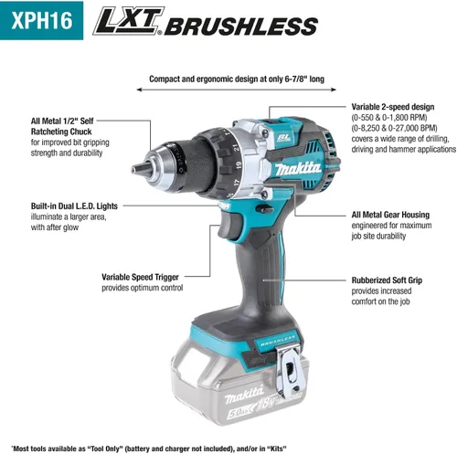 Vista 3 de Makita XPH16T 18V LXT Kit de taladro de martillo inalámbrico compacto sin escobillas de iones de litio de 1/2" (5.0Ah)