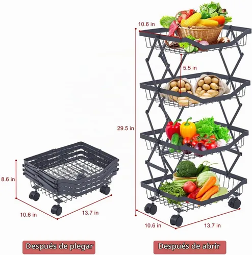 Vista 2 de Cesta de frutas de 4 niveles para cocina, apilable de alambre de metal, cesta de frutas y verduras con ruedas, carrito de utilidad con ruedas