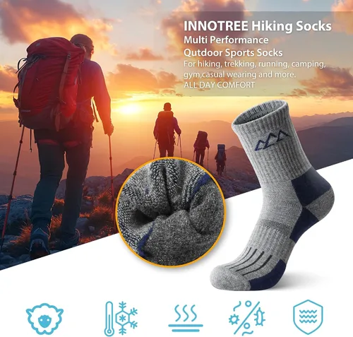 Vista 21 de innotree 3 Pack Men's Merino Wool Hiking Socks, Micro Crew Cushioned Hiking Walking Thermal Moisture Wicking Trekking Socks