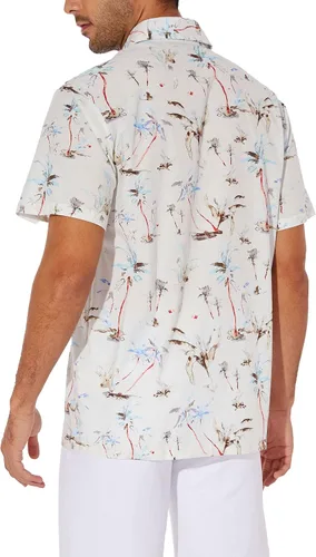 Vista 4 de ZAFUL Camisa hawaiana de algodón de manga corta con botones para el verano, para playa tropical