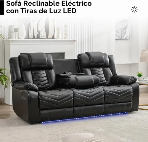 Vista 8 de Sofá reclinable manual con cargador inalámbrico para sala de estar, 3 plazas eléctrico de cuero con reclinable, juego de sofá reclinable de 3