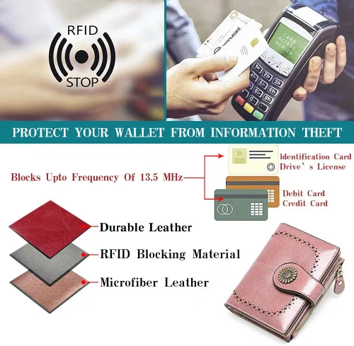 Vista 5 de SENDEFN - Billetera pequeña para mujer de cuero con doble solapa, portatarjetas con bloqueo RFID, bolsillo con cremallera para monedas 1-cera-rosa
