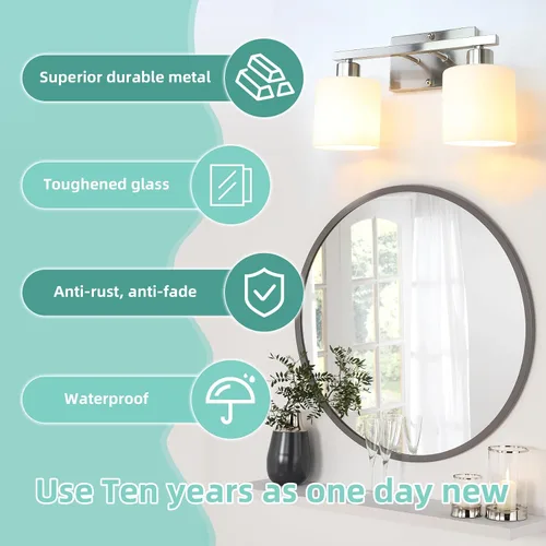 Vista 4 de SILAMPDI Accesorios de iluminación de baño sobre espejo de níquel cepillado, modernas lámparas de tocador de 2 luces, apliques de pared