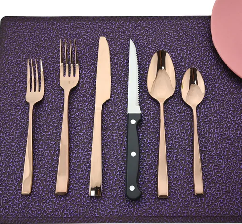 Vista 11 de Juego de cubiertos de mango grueso de 24 piezas, acero inoxidable 18/10 negro antiguo con cuchillo para carne, juego de cubiertos pulidos de espejo