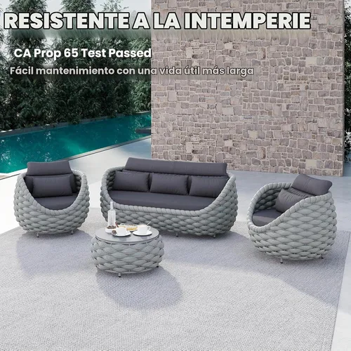Vista 2 de Juego de muebles de patio de cuerda de 4 piezas: conjunto de sofás al aire libre de aluminio acolchado - sofá de conversación moderno ensamblado
