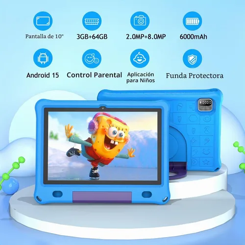 Vista 2 de Tablet infantil de 10 pulgadas con funda, tableta Android 15 de 10 pulgadas para edades de 3 a 12 años, 6 GB de RAM 64 GB de ROM, control parental
