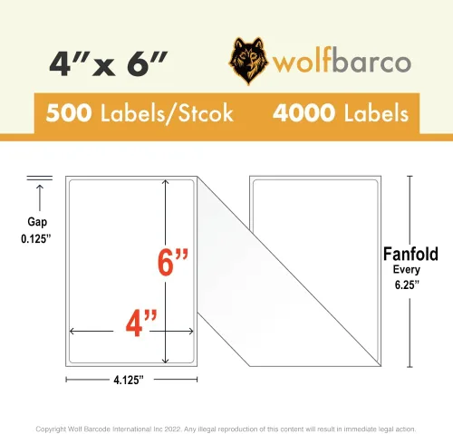 Vista 2 de 4000 pcs 4" x 6" Fanfold Direct Thermal White, 1 Label per fold, 500 Labels/Stack, 8 Stacks/Box