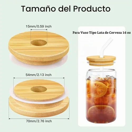 Vista 5 de Tapas de bambú para vasos de vidrio, tapas de madera para latas de cerveza de 16 oz con agujero para pajilla, cubierta de repuesto para tarros Mason