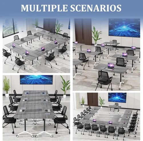 Vista 3 de Mesas de sala de conferencias blancas, mesa de conferencias rectangular plegable con ruedas para reuniones grandes, seminario en casa, oficina Gris
