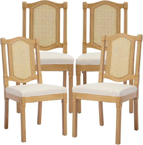 Vista 18 de ODUSE-DAILY Juego de 2 sillas de comedor French Country color beige, sillas de comedor de madera bohemia con respaldo tejido y asiento tapizado