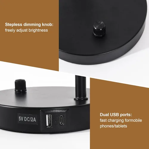 Vista 5 de Lámparas de escritorio, lámparas de mesa para dormitorios con 2 puertos USB, lámparas de noche regulables continuas, lámpara ajustable para sala