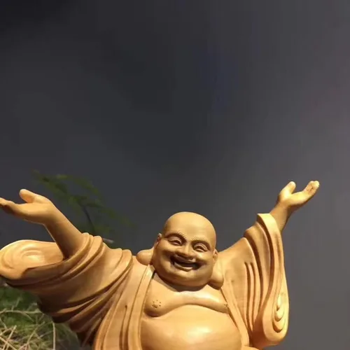 Vista 5 de Estatua de Buda riendo de Feng Shui para la felicidad de la suerte, Dios de la riqueza, estatuas budistas y esculturas de madera maciza, decoración