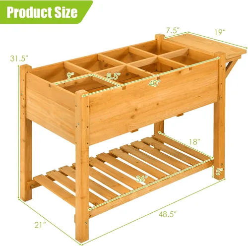 Vista 5 de GIANTEX Maceta elevada, caja de jardín elevada con 8 rejillas y mesa de trabajo lateral, contenedor de madera para plantas al aire libre patio