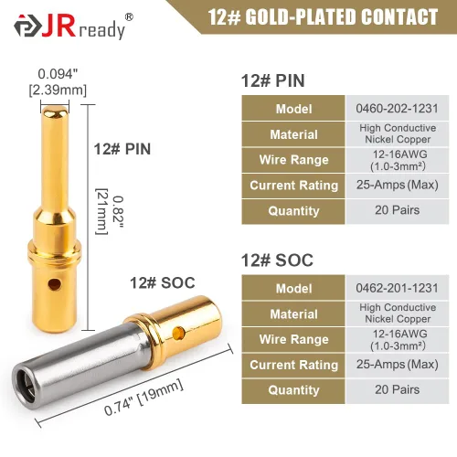 Vista 7 de JRready ST6356-12 Deutsch Conectores y enchufes chapados en oro tamaño 12, terminales de barril cerrados Calibre de alambre 12-16, 20 pares macho