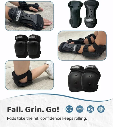 Vista 3 de Rodilleras y coderas con protectores de muñeca Simply Kids, tecnología HardSoft. Juego de equipo de protección certificado CPSIA. Rodilleras