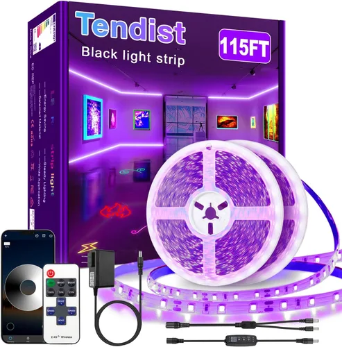 Vista 8 de Tira LED de luz negra de 41 pies, control de aplicación, fiesta brillante con control remoto, luz negra morada, luz UV para decoración de Halloween