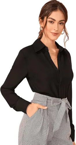Vista 3 de SweatyRocks Blusa básica de gasa lisa con cuello y botones para mujer