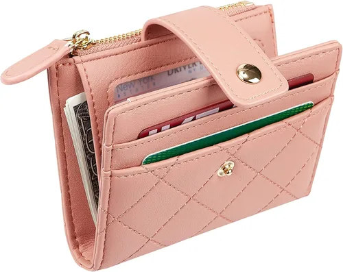 Vista 4 de Cartera de cuero para mujer, pequeña, compacta, plegable, con bolsillo para monedas con cremallera