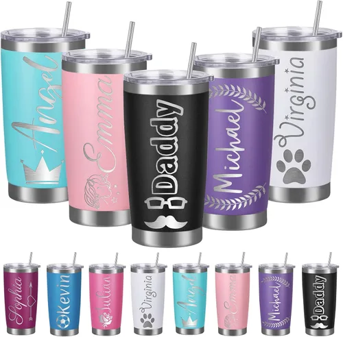 Vista 8 de Vasos personalizados con tapa de nombre y pajita, vaso de café aislado personalizado, regalo de Navidad y cumpleaños para hombres, acero inoxidable