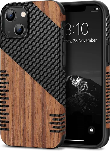 Vista 12 de TENDLIN Compatible con Funda para iPhone 14 de Grano de Madera con Diseño de Textura de Fibra de Carbono, Funda Híbrida de Cuero delgada Negra Negro