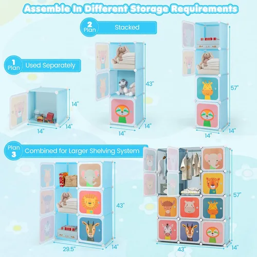 Vista 3 de Costzon Armario para Niños, Organizador de Almacenamiento Modular de Tocador de Dibujos Animados DIY con 12 Cubos y 2 Percheros para Colgar Ropa