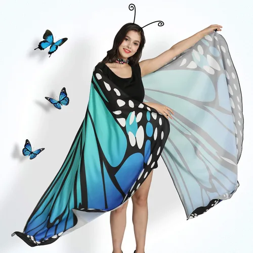 Vista 2 de Jeicy Halloween Butterfly Wings Shawl Fairy Lady Cape Nymph Pixie for Women Girls Halloween Costumes with Antenna Headband