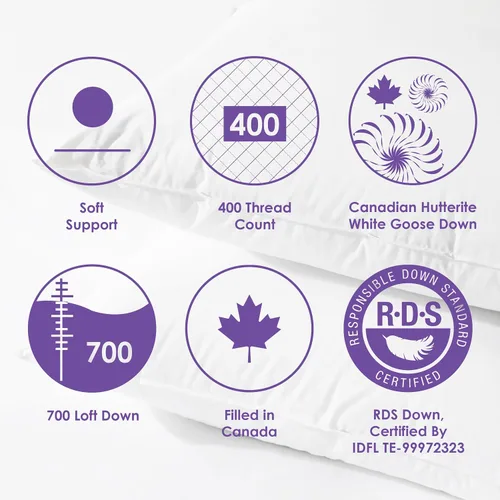 Vista 6 de Canadian Down & Feather Co. - Paquete de 2 almohadas de plumón de ganso Hutterite de soporte medio, tamaño estándar, carcasa de 400 hilos, 100%