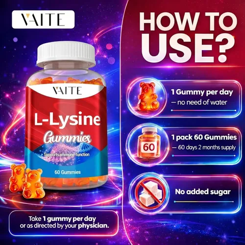 Vista 4 de Gomitas L-Lisina de 1000 mg – Apoya la piel, los labios, veganas, sin gluten, 60 lisina masticables para adultos, vitaminas de los tejidos