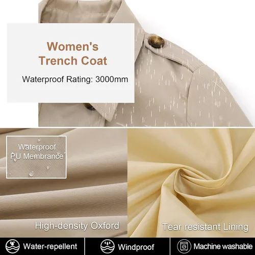 Vista 4 de CREATMO US Gabardina larga para mujer, doble botonadura, clásica, con solapa, con cinturón y capucha desmontable
