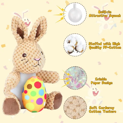 Vista 3 de Rypet Juguetes de peluche para perros, conejito de Pascua con huevo, juguete de felpa chirriante para mascotas con papel arrugado, juguetes