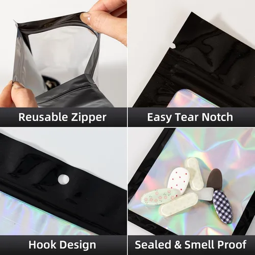 Vista 5 de 50 bolsas holográficas negras de Mylar de 5.5 x 7.8 pulgadas, bolsas con cremallera de aluminio resellables para gomitas, recuerdos de fiesta