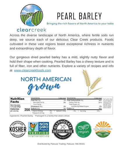 Vista 5 de CLEAR CREEK Cebada perlada certificada sin residuos de glifosato Bolsa con cordón de 4 libras Sin OGM Kosher Vegano No irradiado