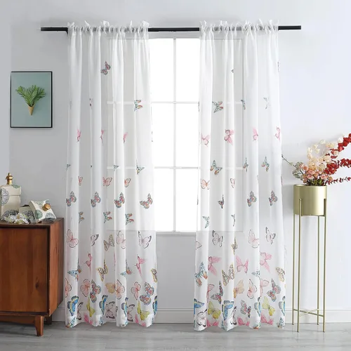Vista 13 de VISIONTEX Cortinas transparentes con estampado de gasa, estilo abstracto europeo, estampado de hojas azules y amarillas, 2 paneles para decoración