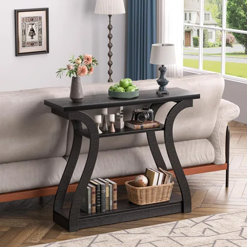 Vista 4 de Mesa consola de madera con patas curvadas y estante, mesa de sofá moderna de 3 niveles para zona de entrada, sala de estar, pasillo, 47 pulgadas