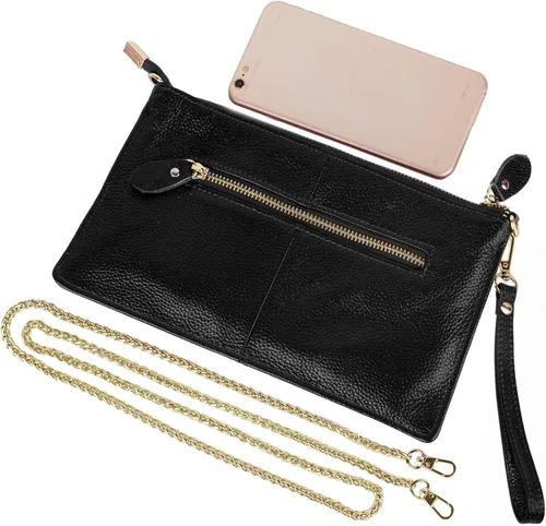 Vista 5 de YALUXE Clutch Wristlet - Cartera de piel auténtica con bloqueo RFID y cadena de hombro