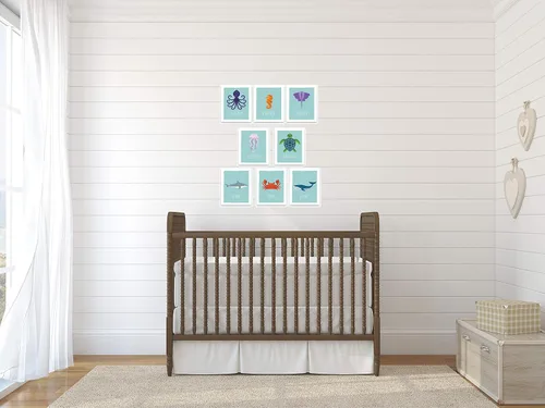 Vista 4 de Tarjetas de pared de animales del océano, decoración náutica de cuarto de bebé, arte marino educativo para niños, regalo para niños, juego de 8