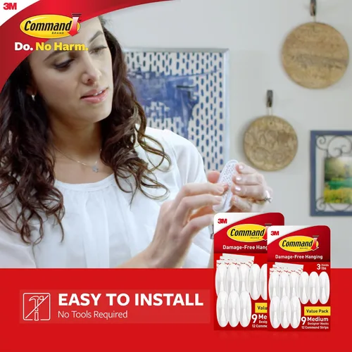 Vista 3 de Command Ganchos de diseño medianos, ganchos de pared para colgar sin daños con tiras adhesivas, ganchos de pared sin herramientas para colgar