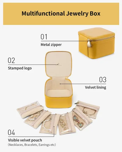 Vista 5 de Vlando Joyero de viaje, pequeña bolsa de joyería con 6 bolsillos de terciopelo con cremallera, organizador de joyería de piel sintética para mujeres