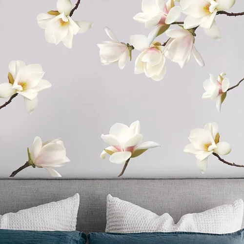 Vista 2 de Runtoo Calcomanías de pared 3D de flores blancas Magnolia Floral para niñas, dormitorio, sala de estar, decoración de pared