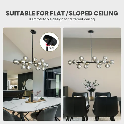 Vista 4 de 16 Luces Araña Moderna de Mediados de Siglo Negro Araña Lineal Accesorios de Iluminación Globo de Vidrio Luz Colgante Sputnik para Comedor Isla