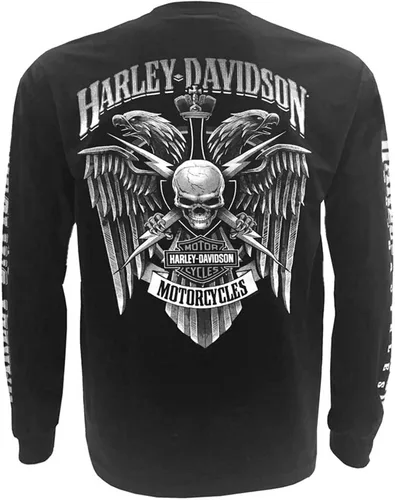 Vista 2 de Harley-Davidson playera de mangas largas con diseño de calavera y cresta de rayo para hombre, negra